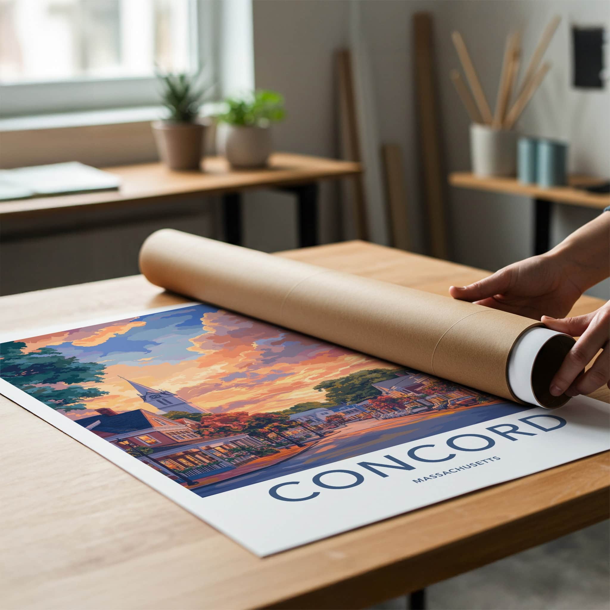 Concord Poster - Massachusetts Travel Art - Vibrant Sunset Town Home Decor