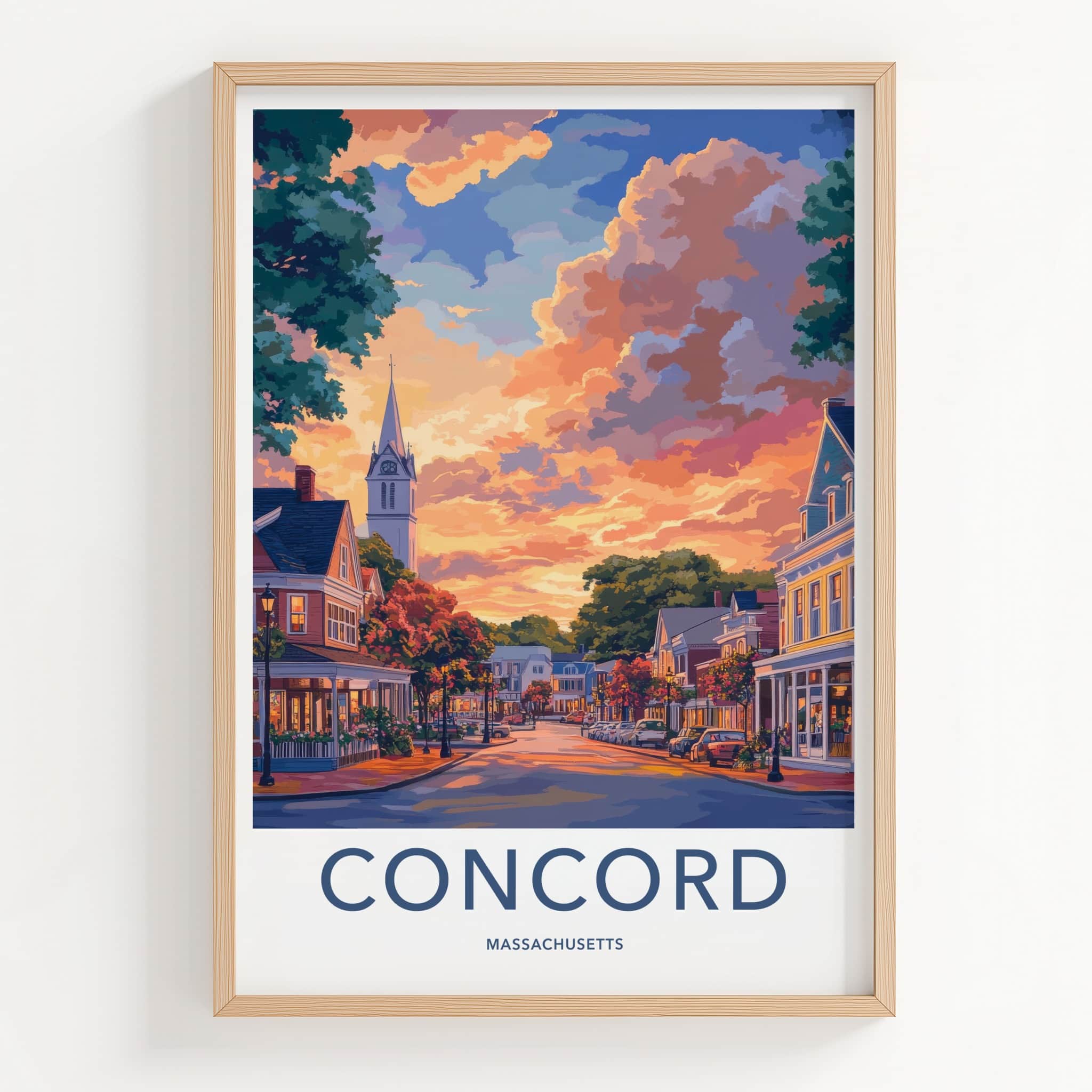 Concord Poster - Massachusetts Travel Art - Vibrant Sunset Town Home Decor