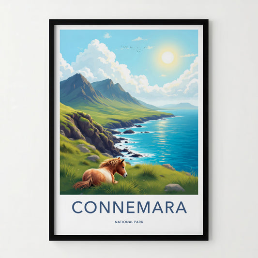 Connemara National Park Poster - Ireland Travel Art - Grassy Coast Horse Wall Decor