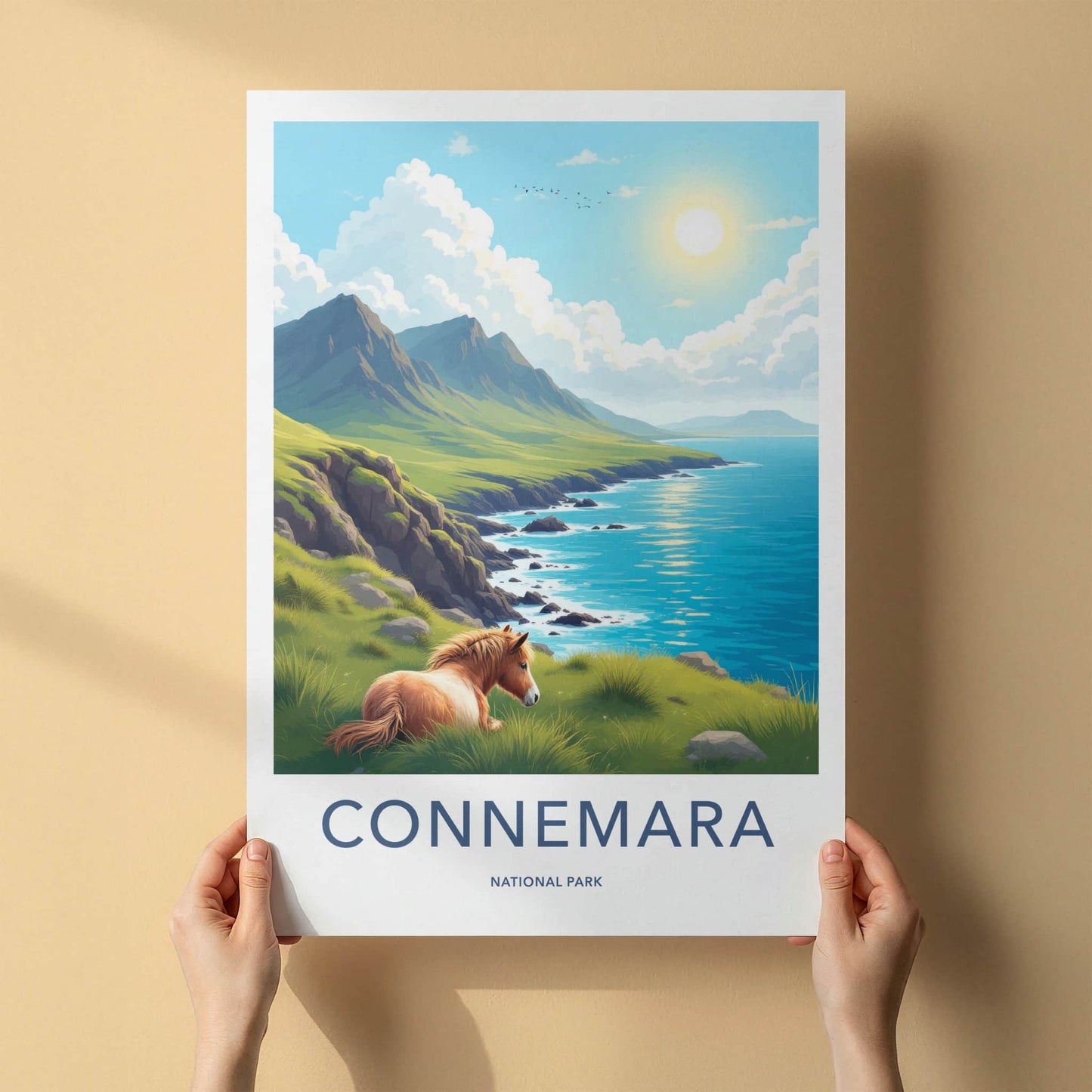 Connemara National Park Poster - Ireland Travel Art - Grassy Coast Horse Wall Decor