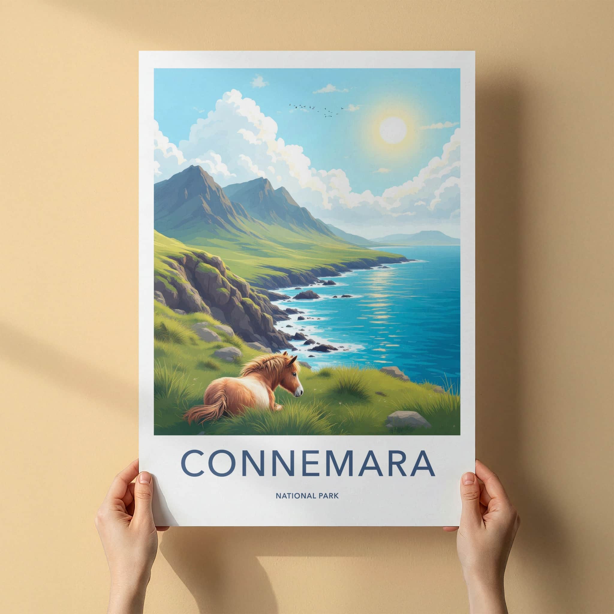 Connemara National Park Poster - Ireland Travel Art - Grassy Coast Horse Wall Decor