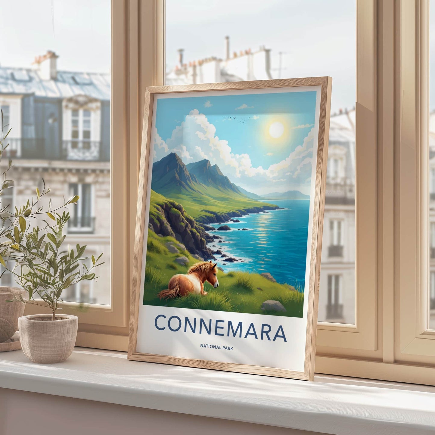 Connemara National Park Poster - Ireland Travel Art - Grassy Coast Horse Wall Decor