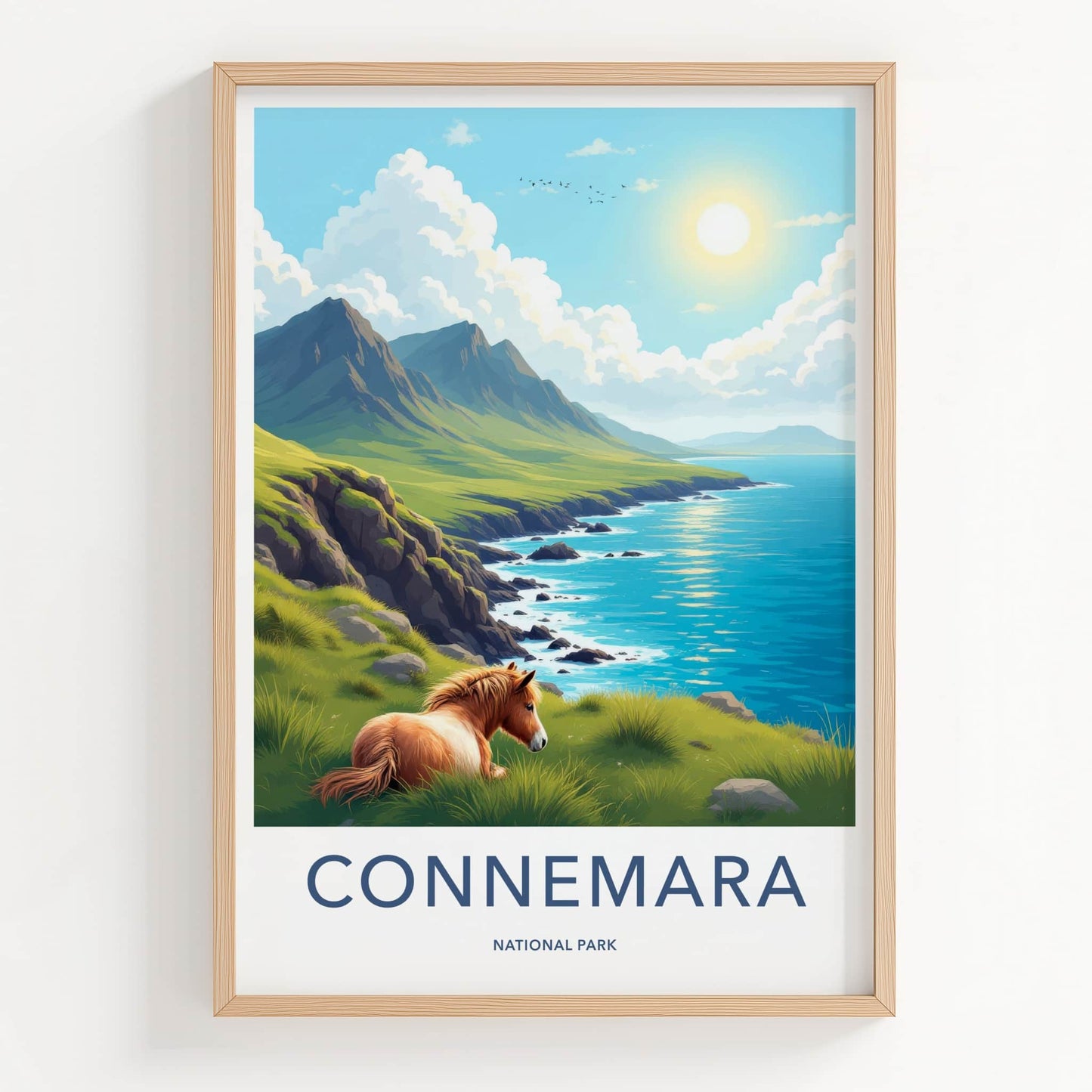 Connemara National Park Poster - Ireland Travel Art - Grassy Coast Horse Wall Decor