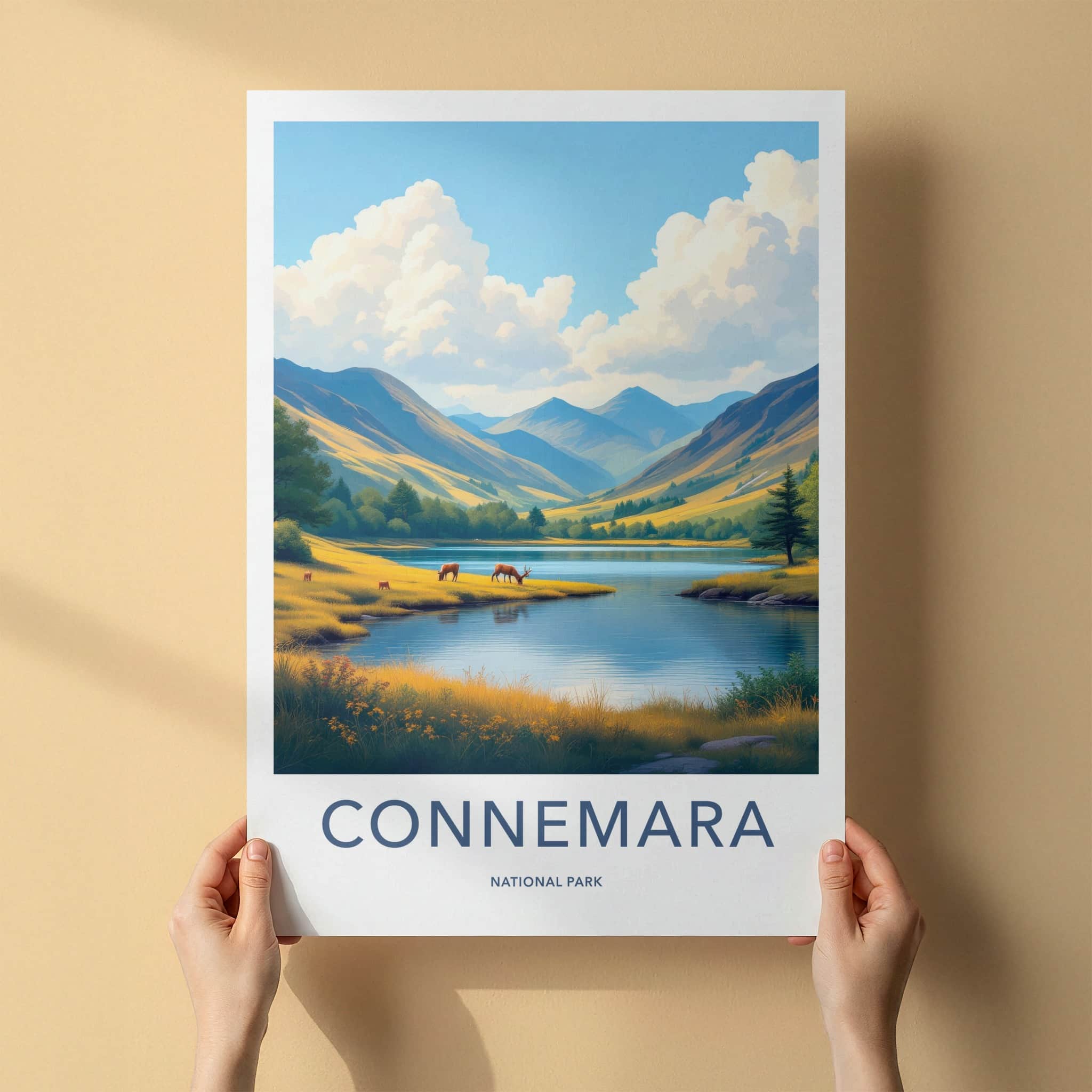 Connemara National Park Poster - Ireland Travel Art - Lake Deer Mountains Wall Decor