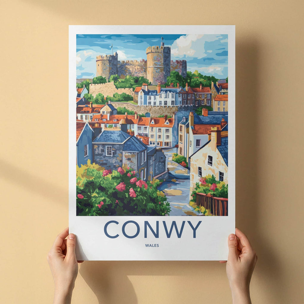 Conwy Poster - Wales Framed Print - Historic Hillside Village Framed Decor