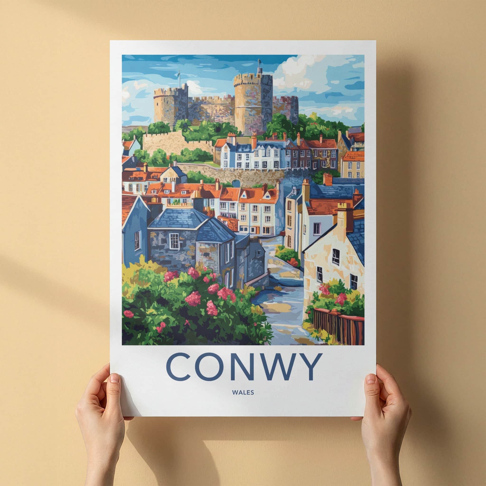 Conwy Poster - Wales Framed Print - Historic Hillside Village Framed Decor