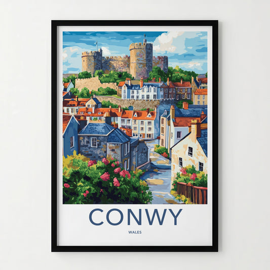 Conwy Poster - Wales Framed Print - Historic Hillside Village Framed Decor