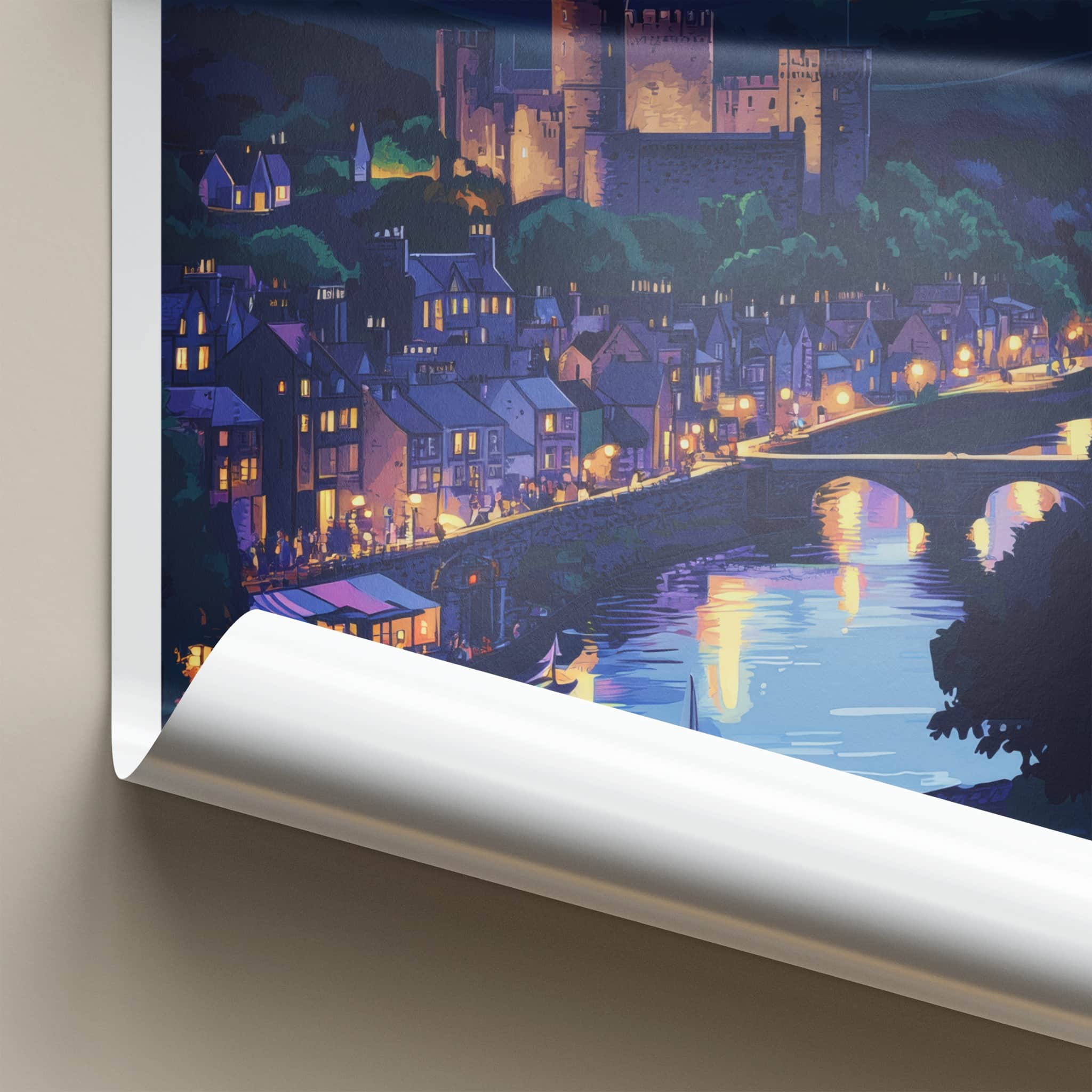 Conwy Poster - Wales Travel Art - Moonlit Castle Town Home Decor