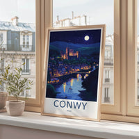 Conwy Poster - Wales Travel Art - Moonlit Castle Town Home Decor