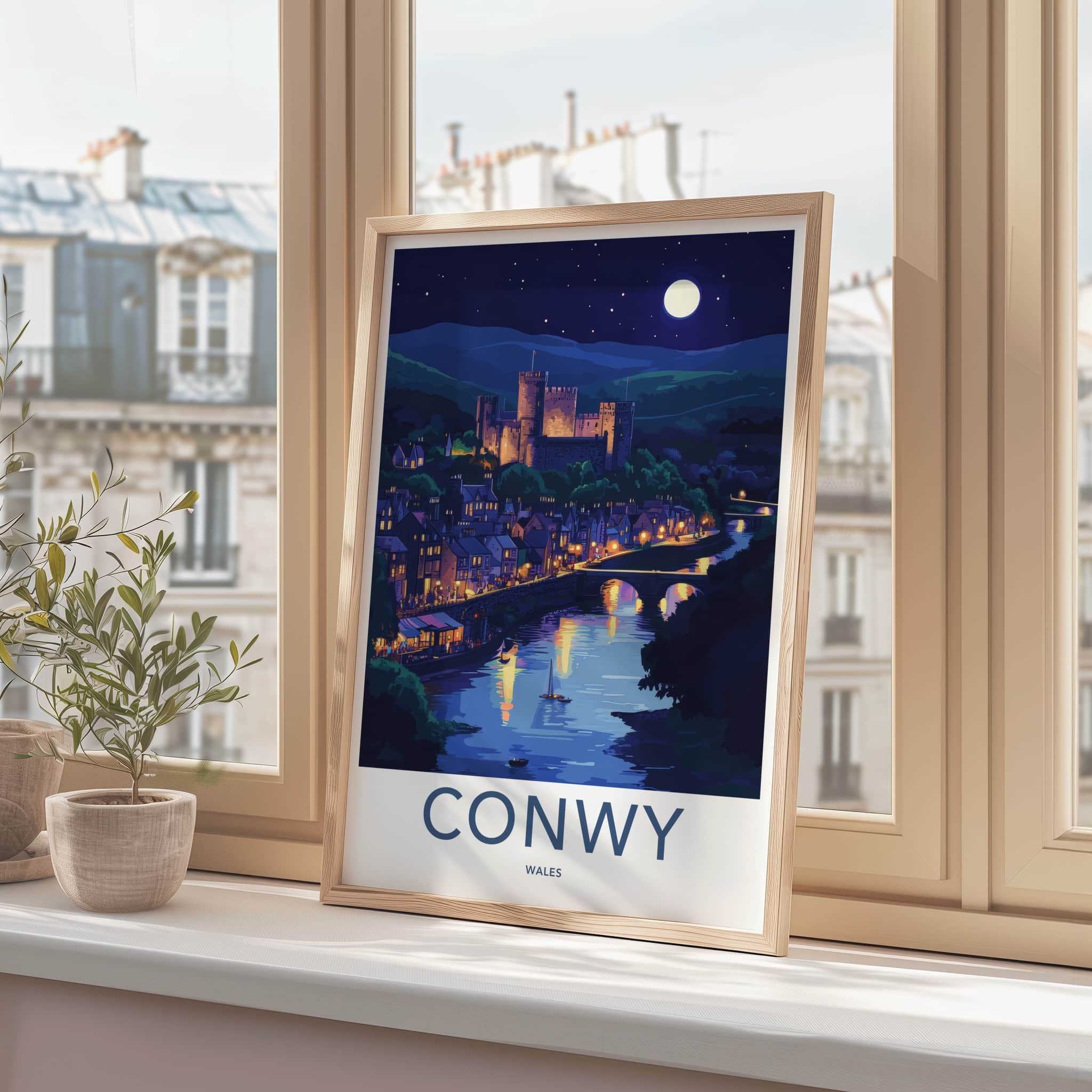 Conwy Poster - Wales Travel Art - Moonlit Castle Town Home Decor