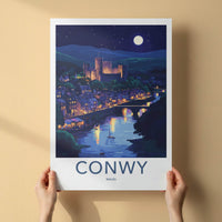 Conwy Poster - Wales Travel Art - Moonlit Castle Town Home Decor