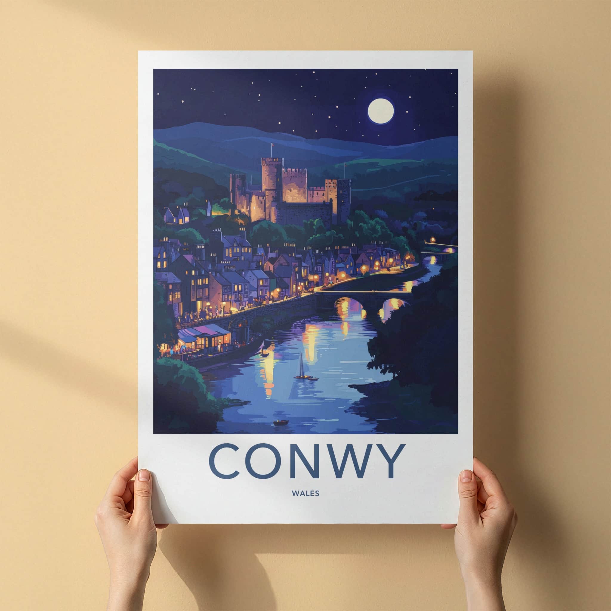 Conwy Poster - Wales Travel Art - Moonlit Castle Town Home Decor