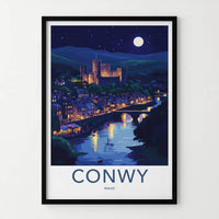 Conwy Poster - Wales Travel Art - Moonlit Castle Town Home Decor
