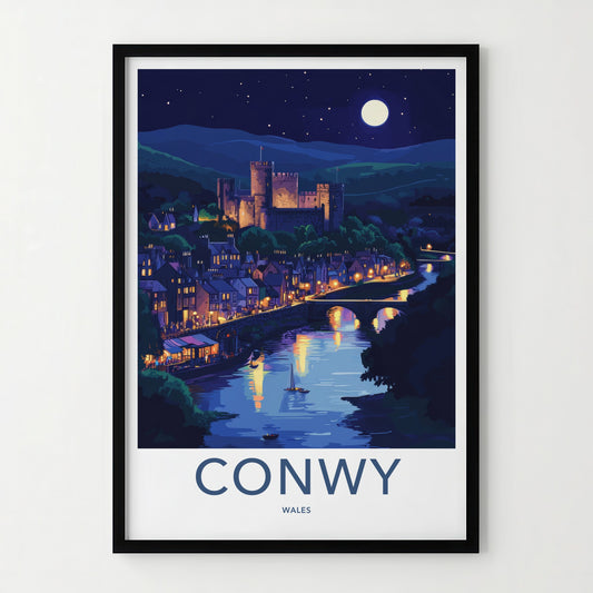 Conwy Poster - Wales Travel Art - Moonlit Castle Town Home Decor