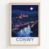 Conwy Poster - Wales Travel Art - Moonlit Castle Town Home Decor