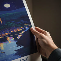Conwy Poster - Wales Travel Art - Moonlit Castle Town Home Decor