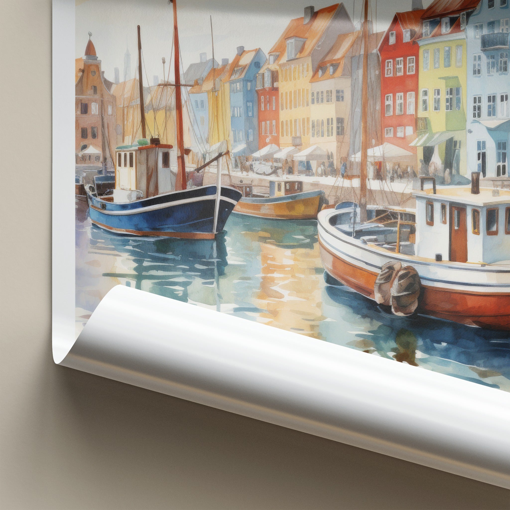 Copenhagen Poster - Denmark Travel Art - Colorful Canal Boats Home Decor