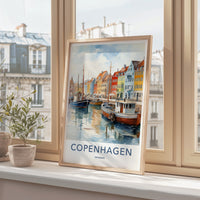 Copenhagen Poster - Denmark Travel Art - Colorful Canal Boats Home Decor