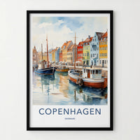 Copenhagen Poster - Denmark Travel Art - Colorful Canal Boats Home Decor