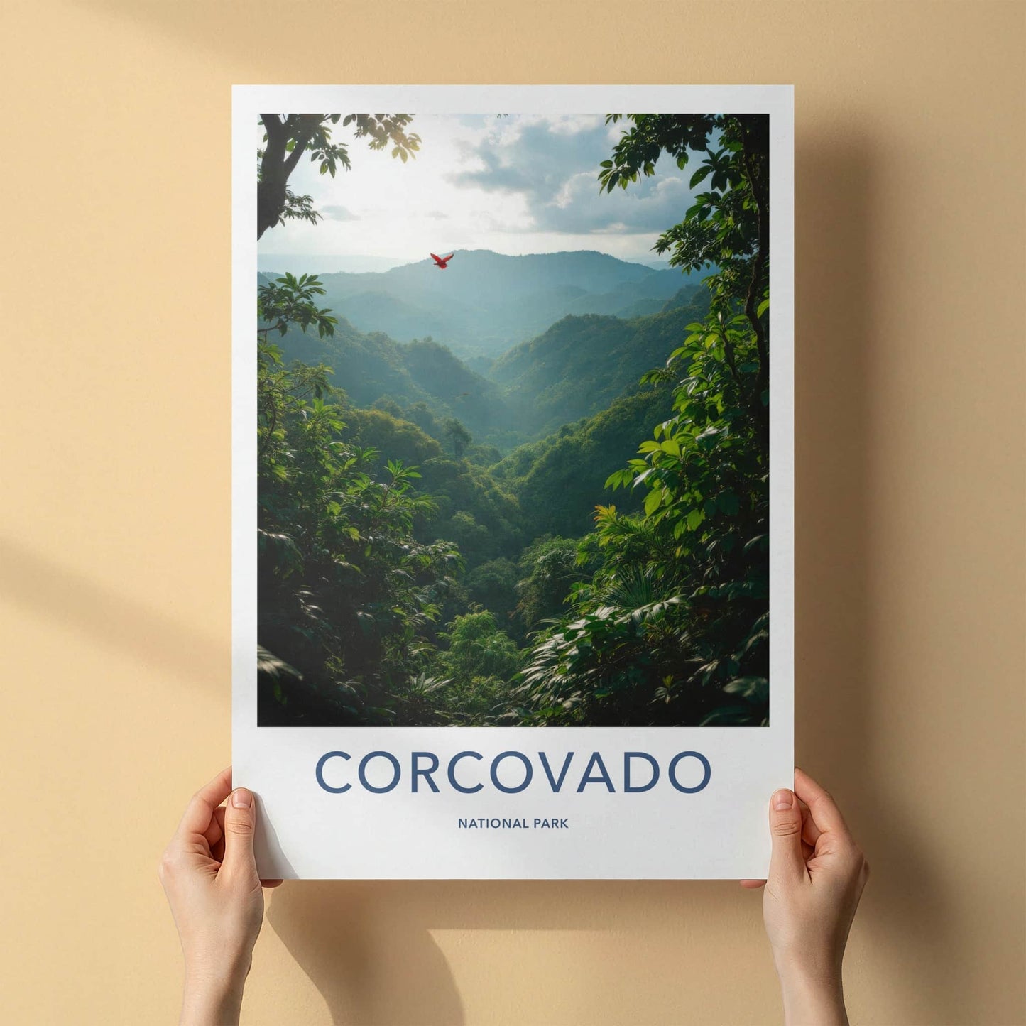 Corcovado National Park Poster - Costa Rica Travel Art - Red Bird Soaring Home Decor