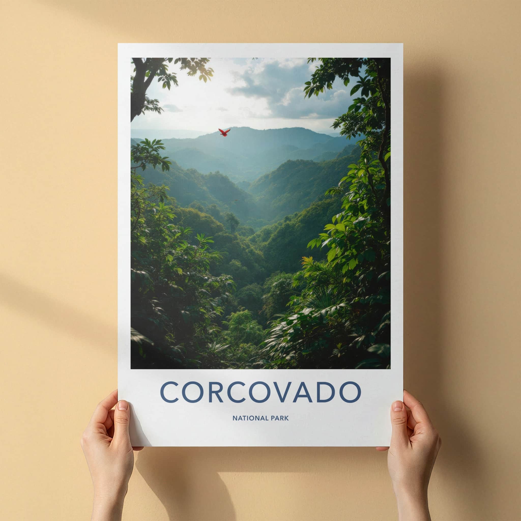 Corcovado National Park Poster - Costa Rica Travel Art - Red Bird Soaring Home Decor