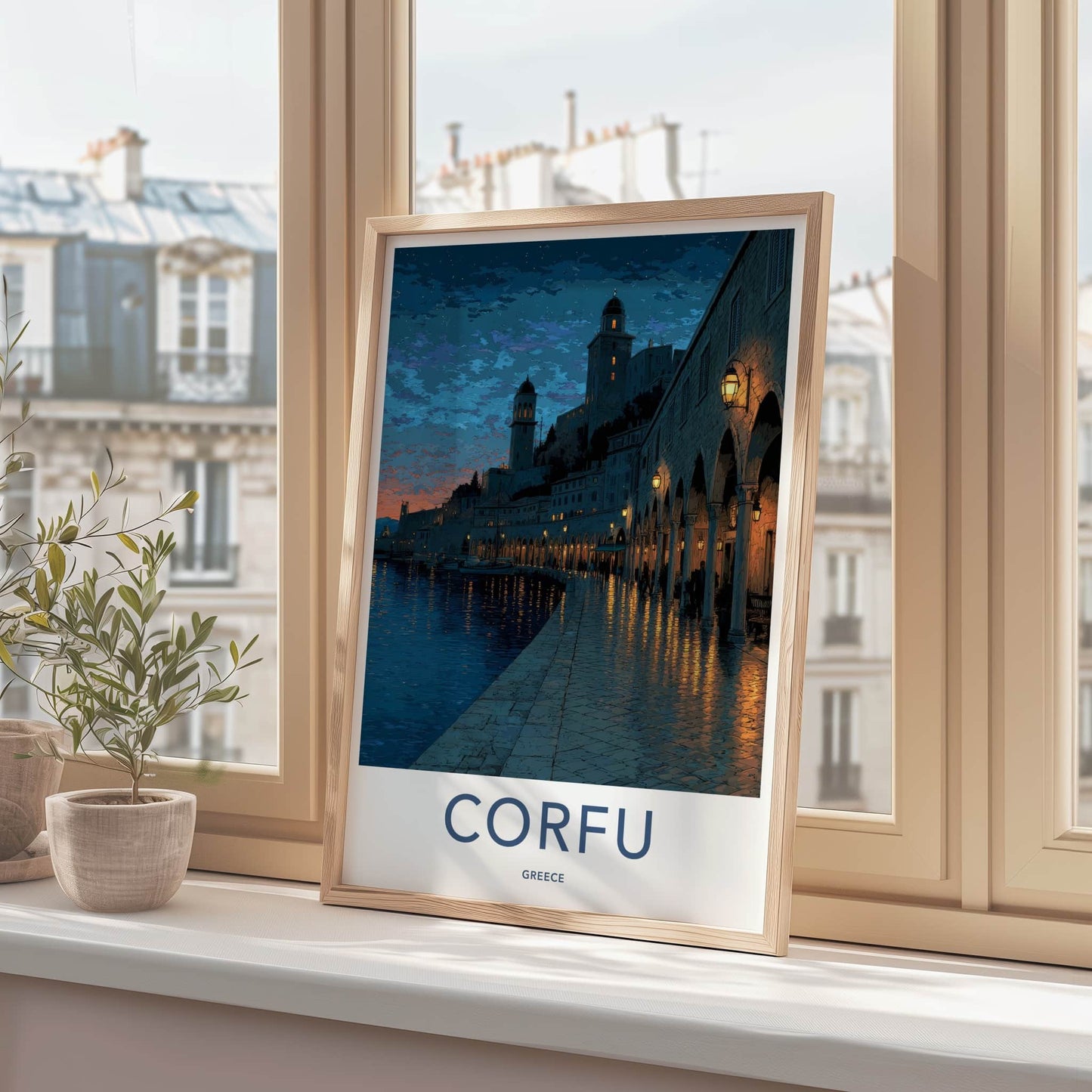Corfu Poster - Greece Framed Art - Arched Waterfront Night Wall Decor
