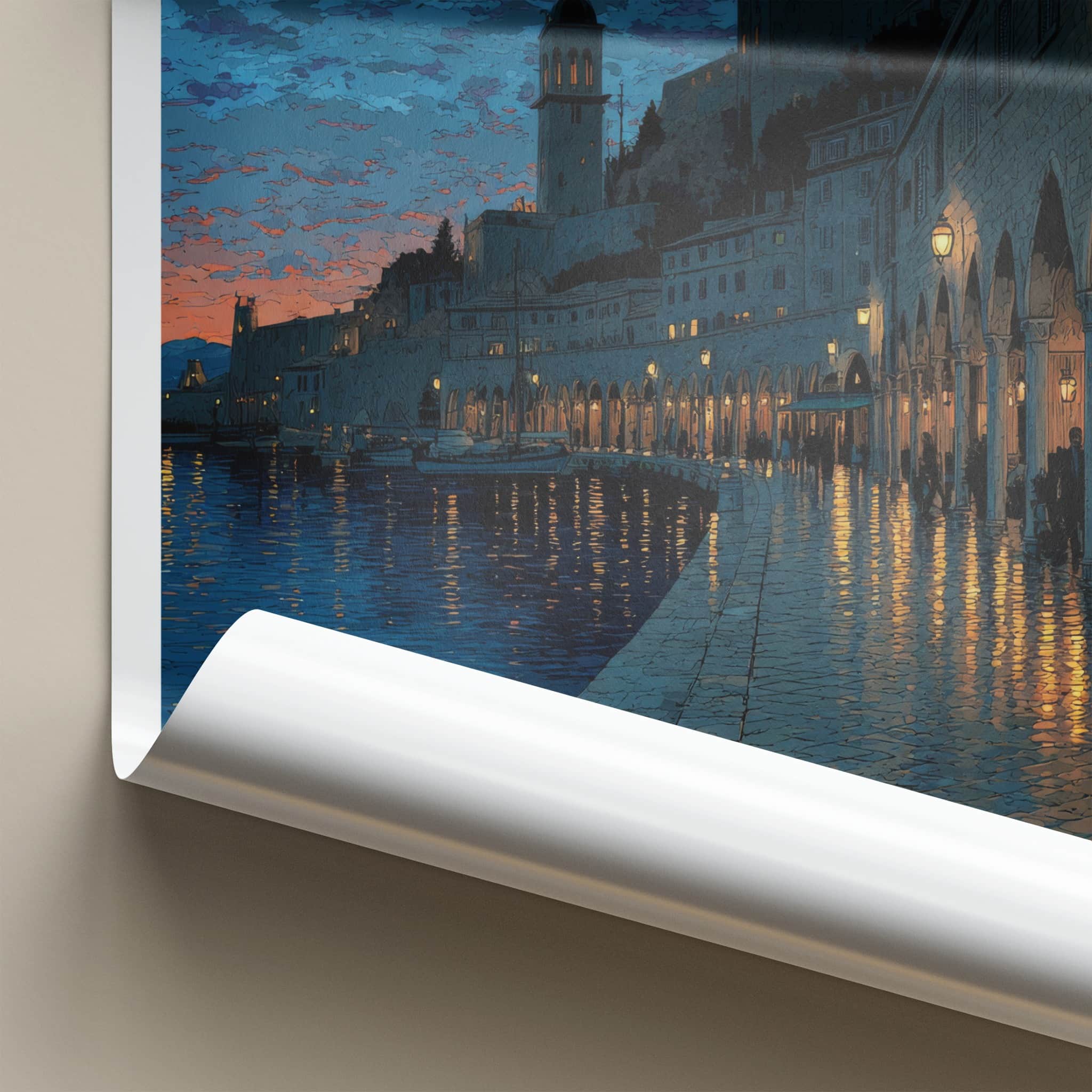 Corfu Poster - Greece Framed Art - Arched Waterfront Night Wall Decor