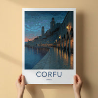 Corfu Poster - Greece Framed Art - Arched Waterfront Night Wall Decor