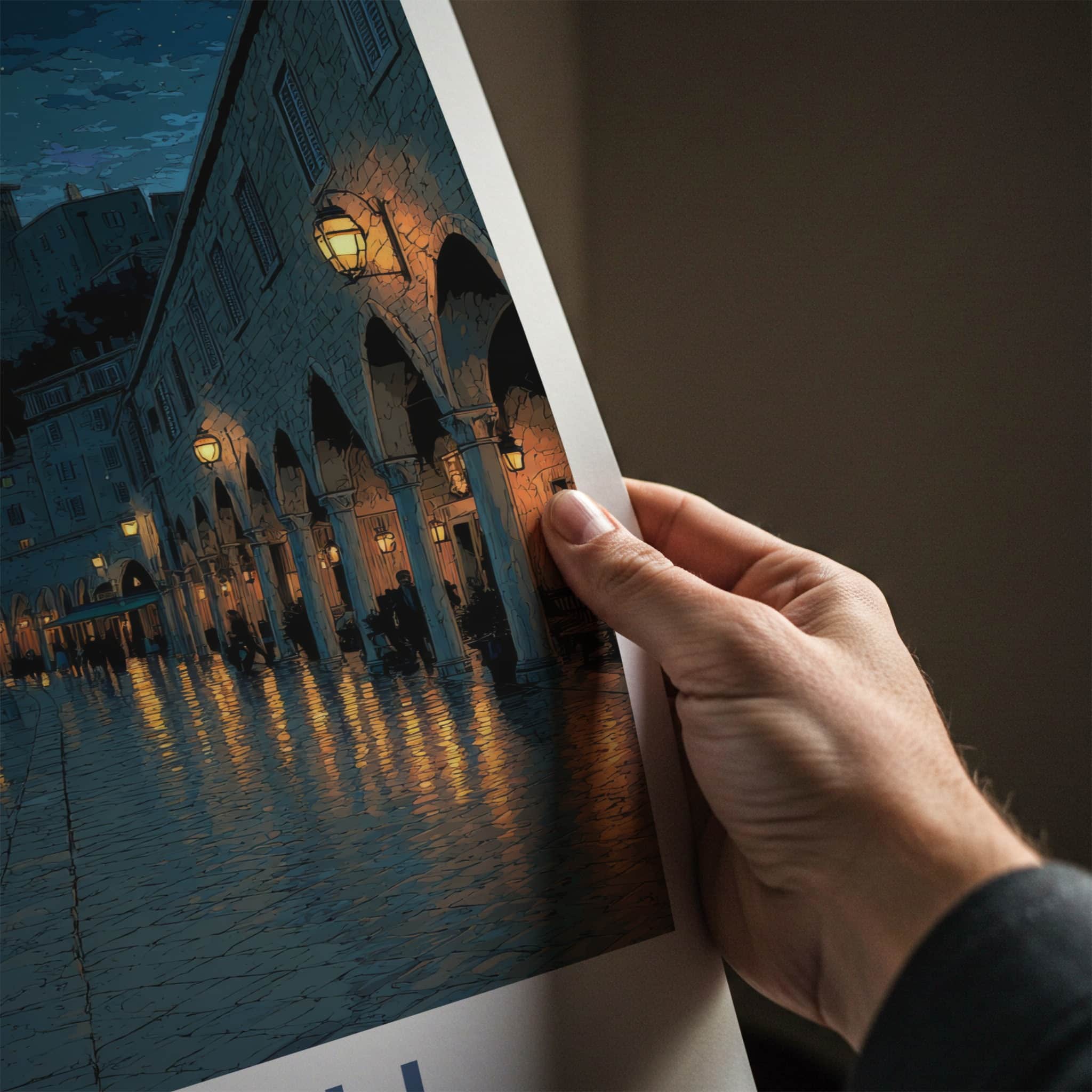 Corfu Poster - Greece Framed Art - Arched Waterfront Night Wall Decor