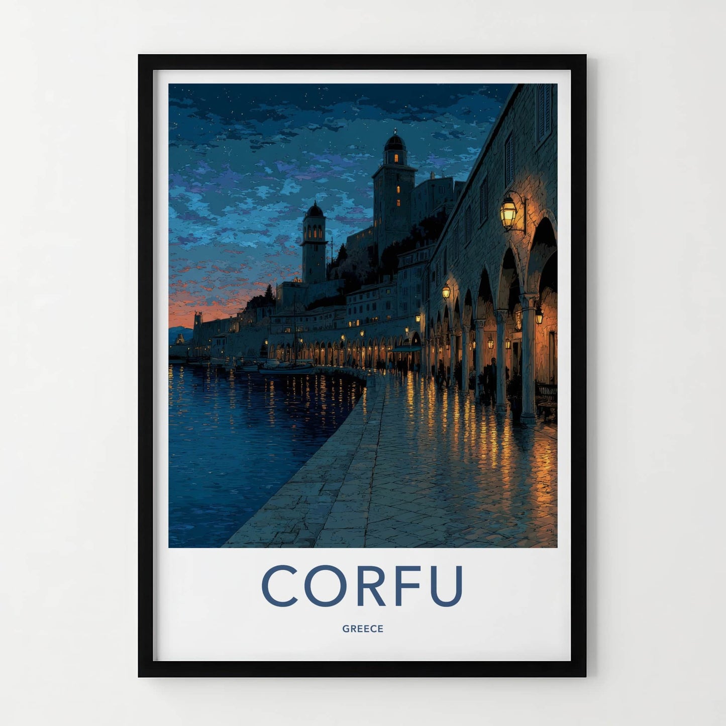 Corfu Poster - Greece Framed Art - Arched Waterfront Night Wall Decor