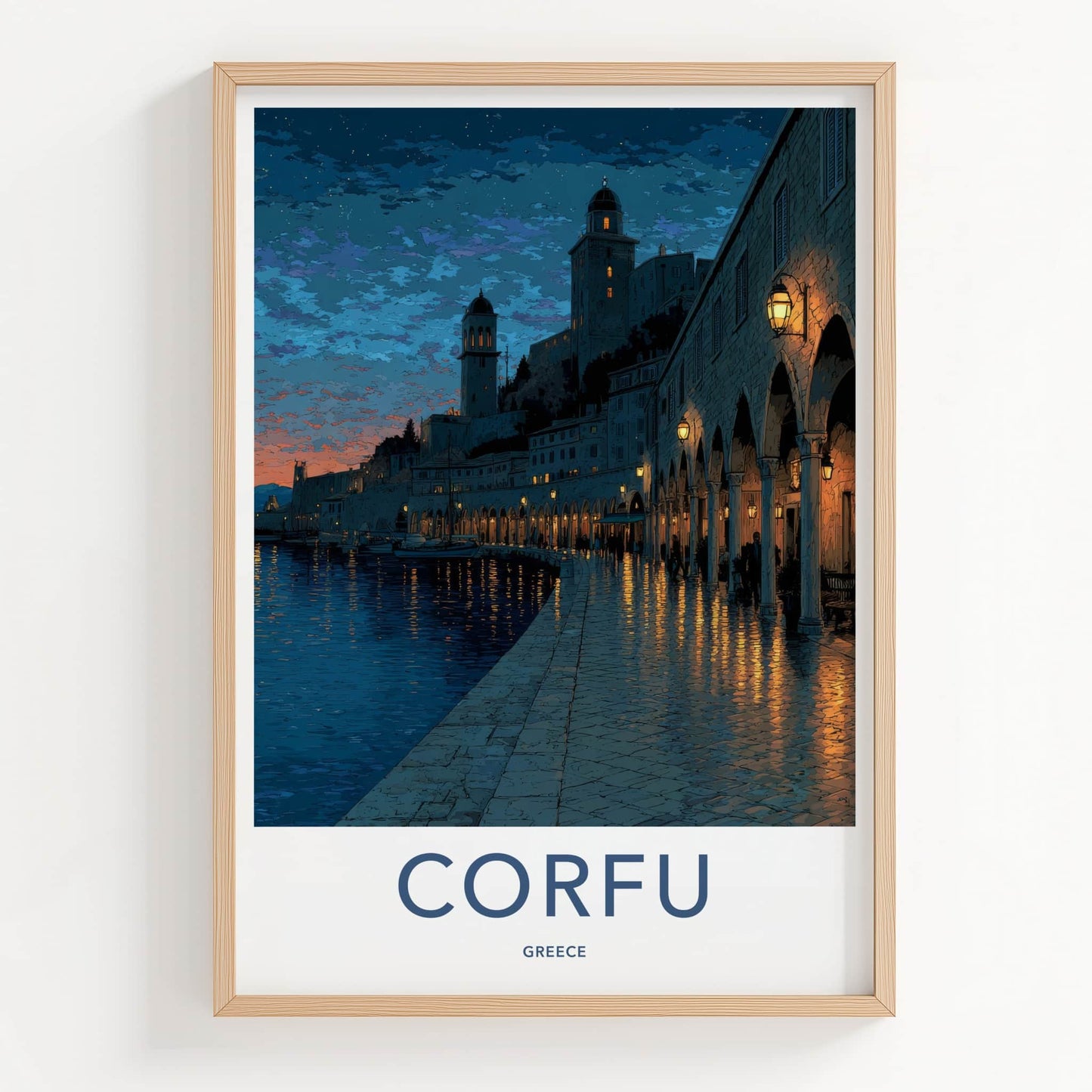 Corfu Poster - Greece Framed Art - Arched Waterfront Night Wall Decor