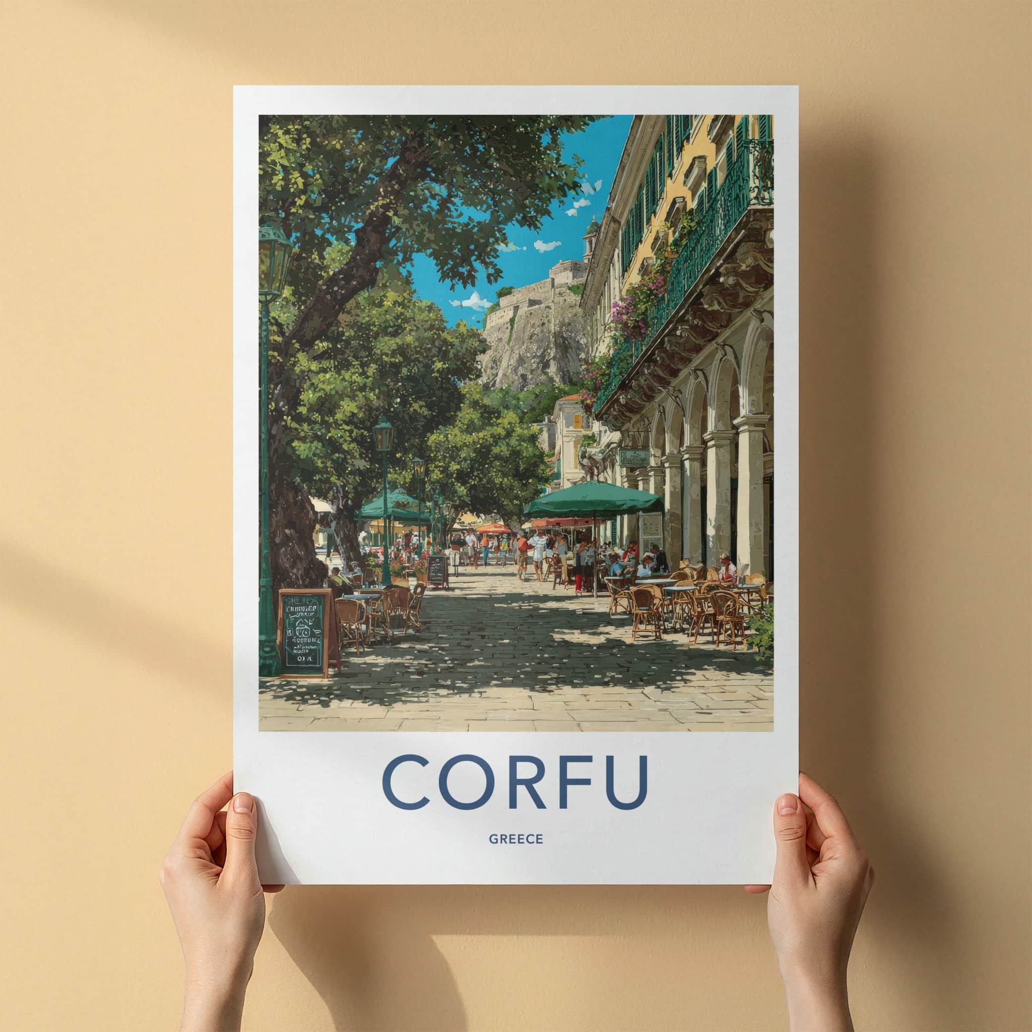 Corfu Poster Greece Street Cafe Scene Framed Print Home Decor
