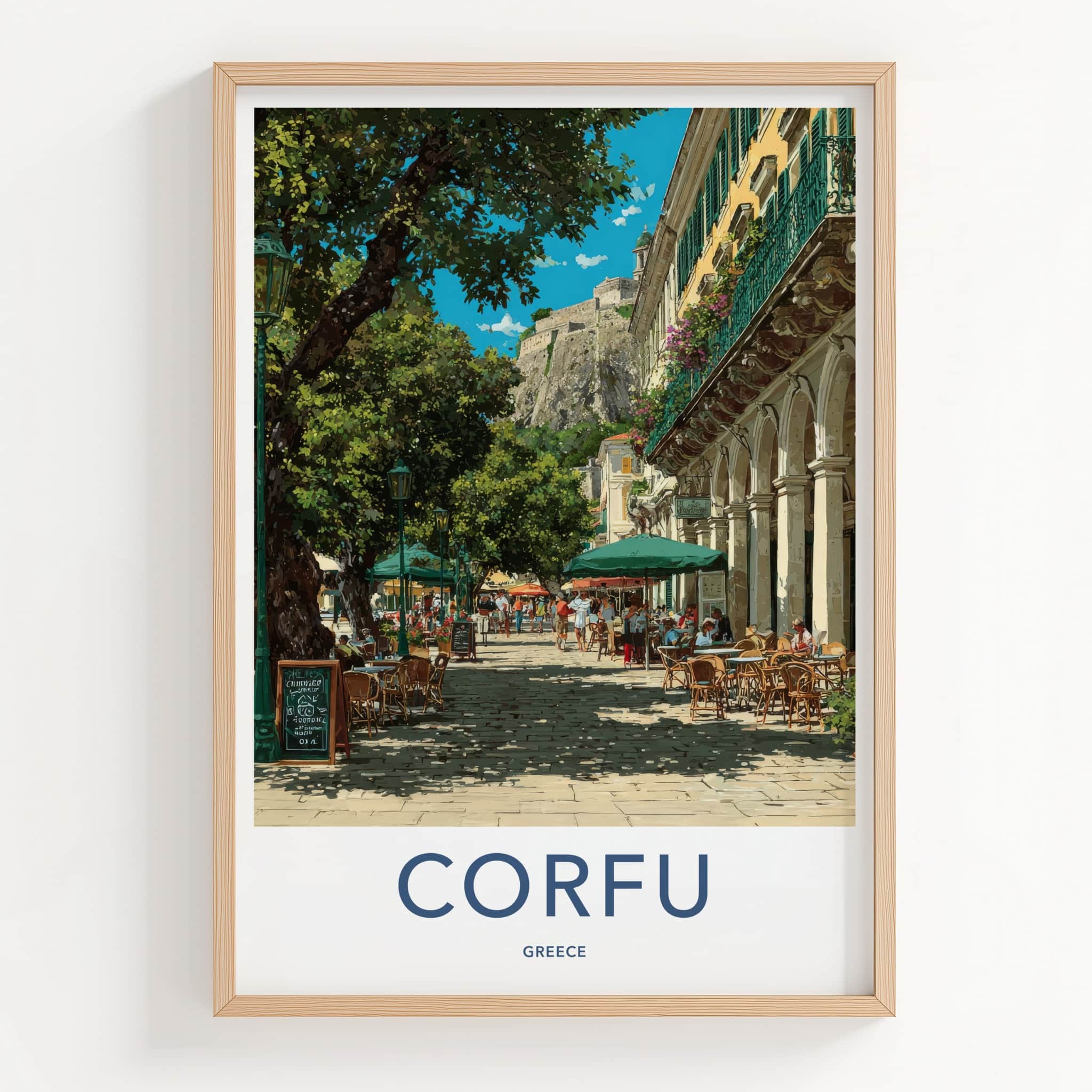 Corfu Poster Greece Street Cafe Scene Framed Print Home Decor