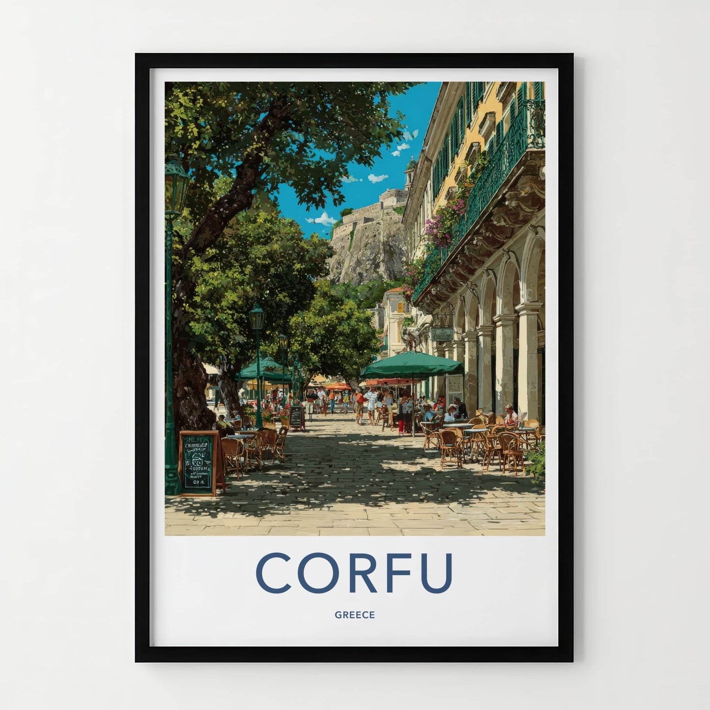 Corfu Poster Greece Street Cafe Scene Framed Print Home Decor