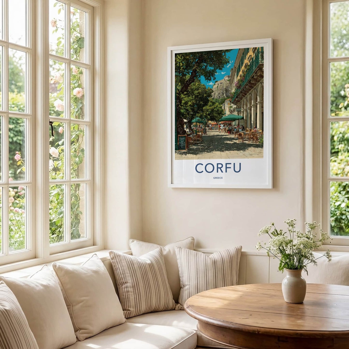 Corfu Poster Greece Street Cafe Scene Framed Print Home Decor