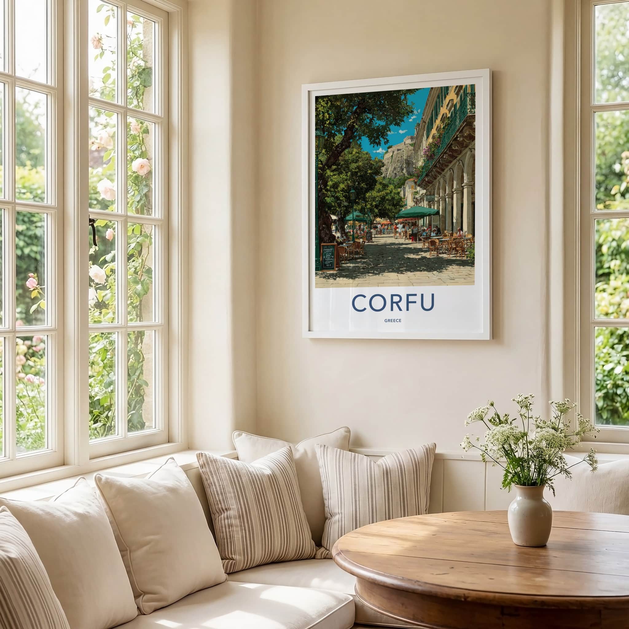 Corfu Poster Greece Street Cafe Scene Framed Print Home Decor