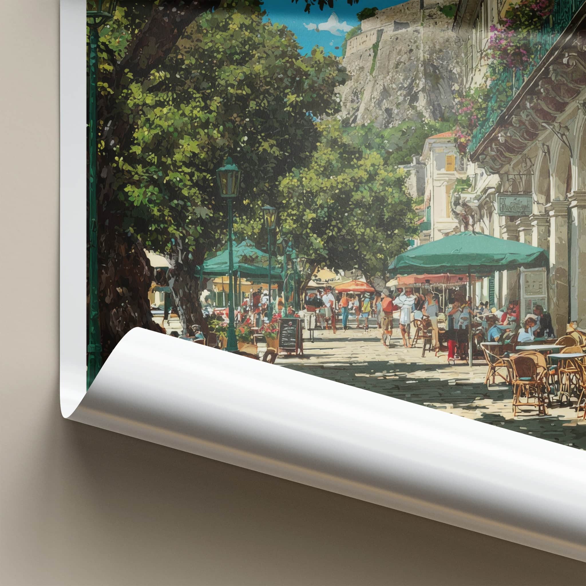 Corfu Poster Greece Street Cafe Scene Framed Print Home Decor