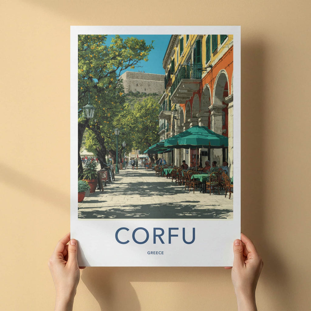 Corfu Poster Greece Street Cafe Umbrellas Home Decor