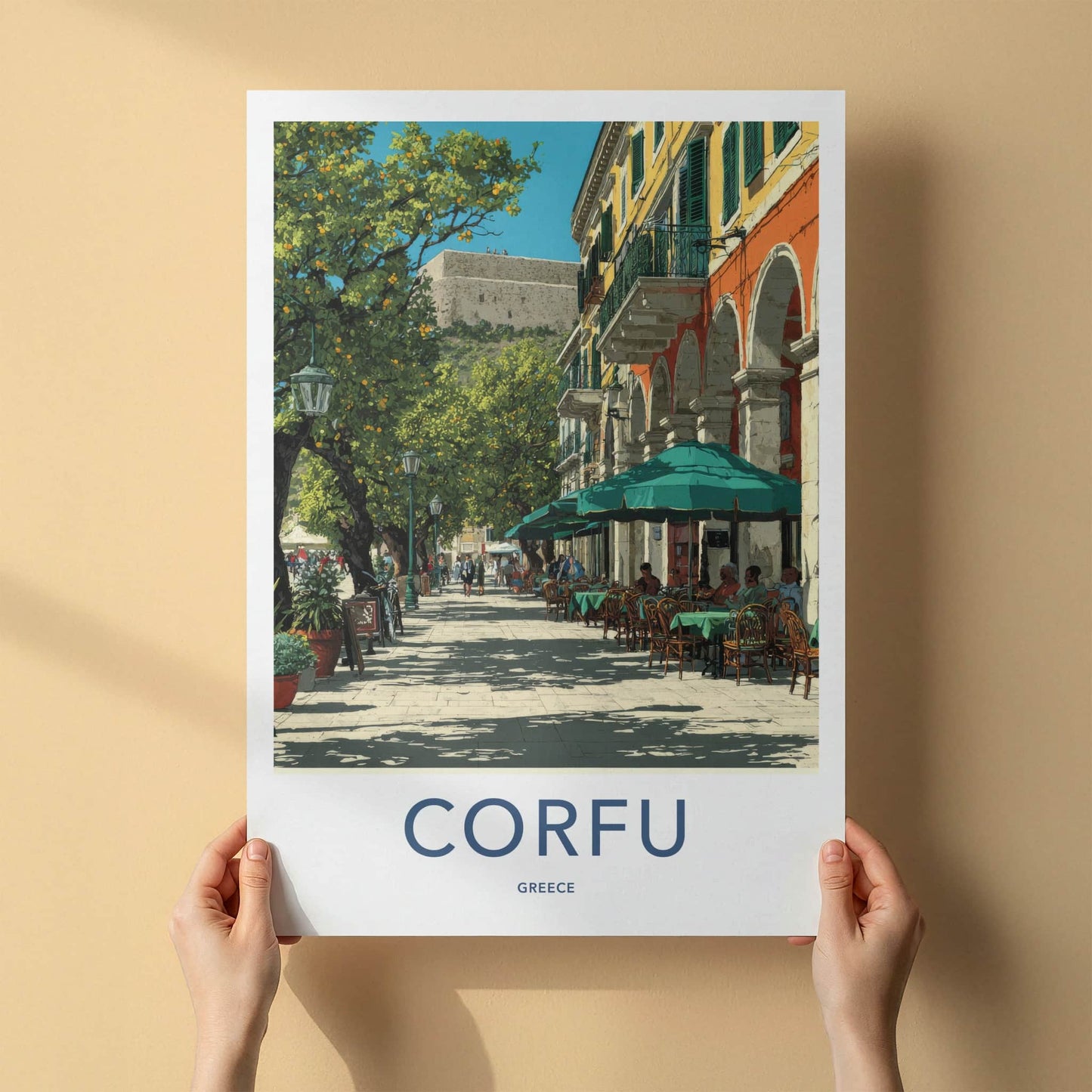 Corfu Poster Greece Street Cafe Umbrellas Home Decor