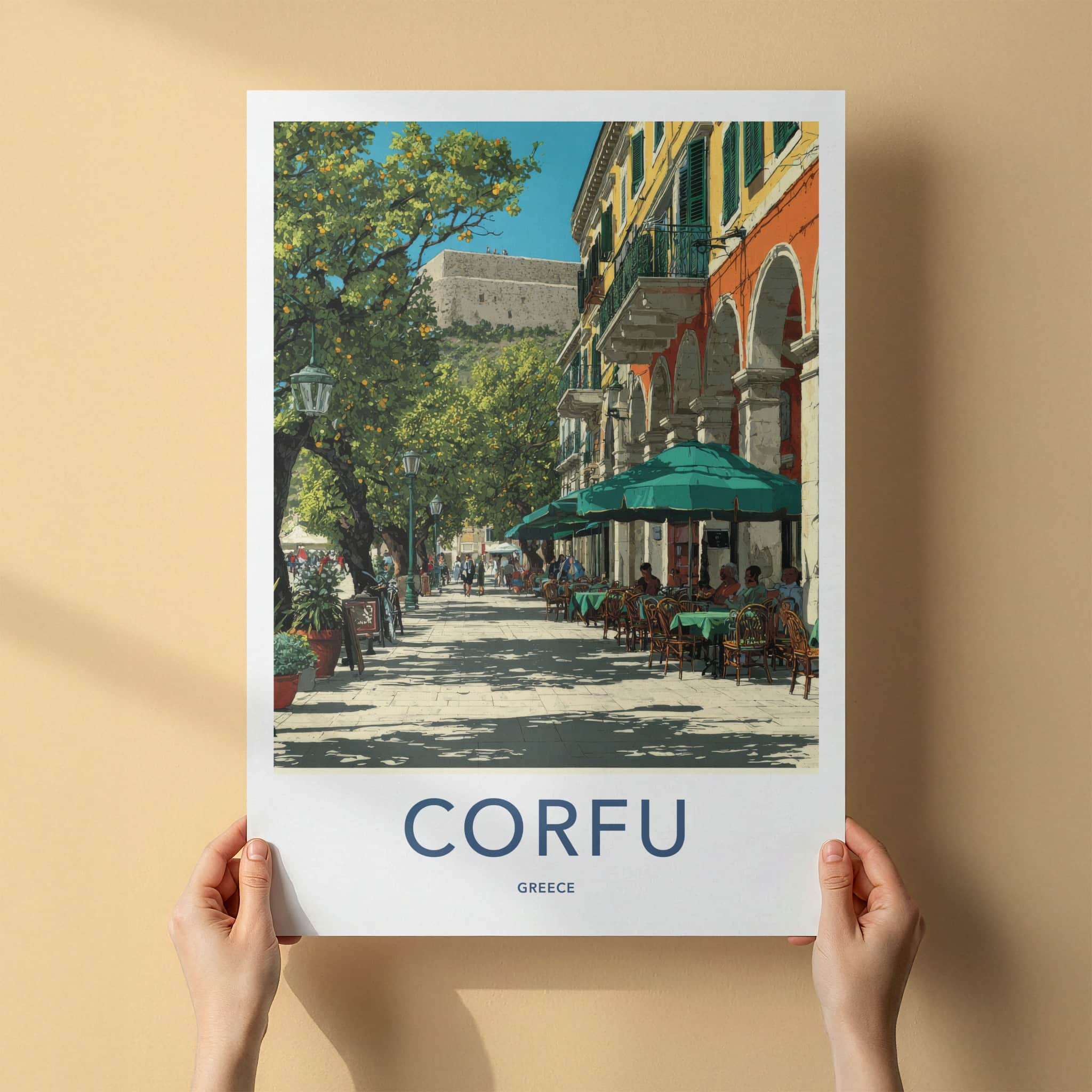 Corfu Poster Greece Street Cafe Umbrellas Home Decor