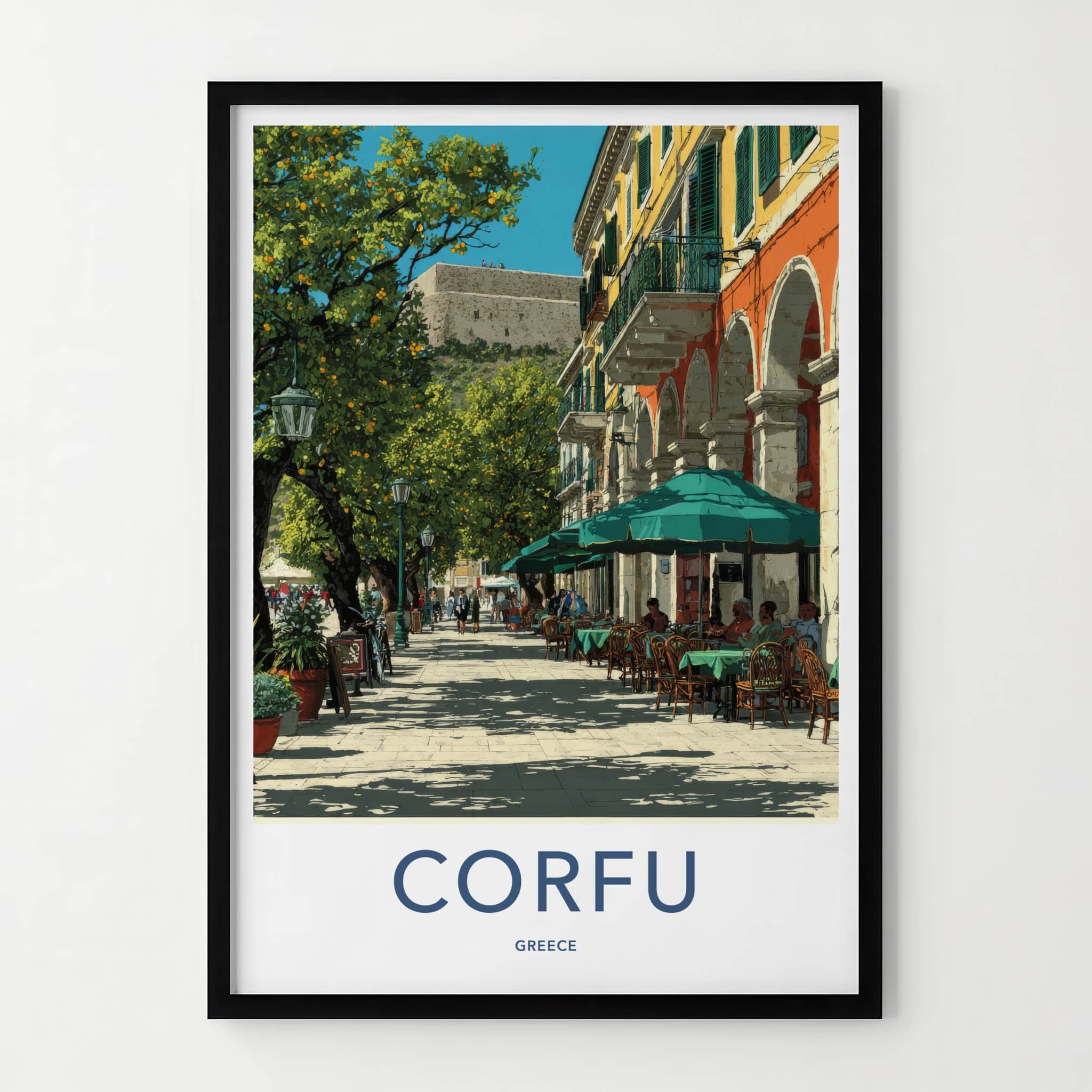 Corfu Poster Greece Street Cafe Umbrellas Home Decor