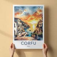 Corfu Poster - Greece Travel Art - Orange Sunset Harbor Home Decor