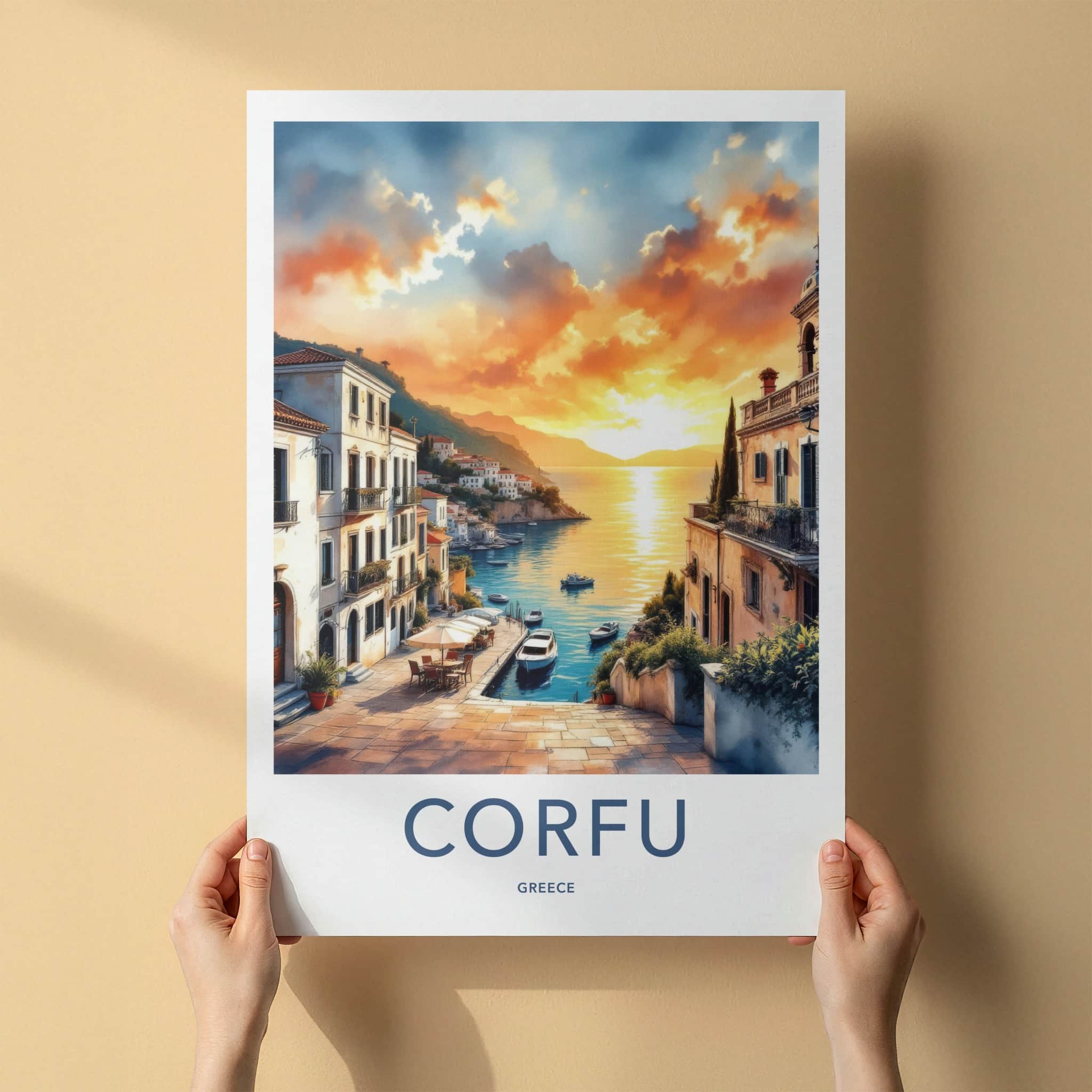 Corfu Poster - Greece Travel Art - Orange Sunset Harbor Home Decor