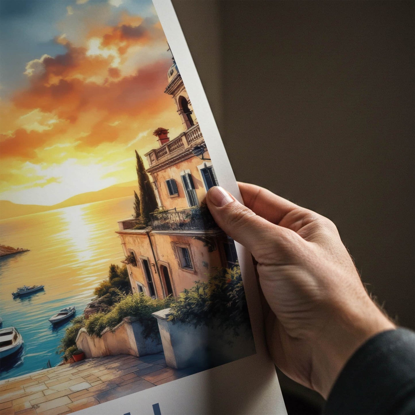 Corfu Poster - Greece Travel Art - Orange Sunset Harbor Home Decor