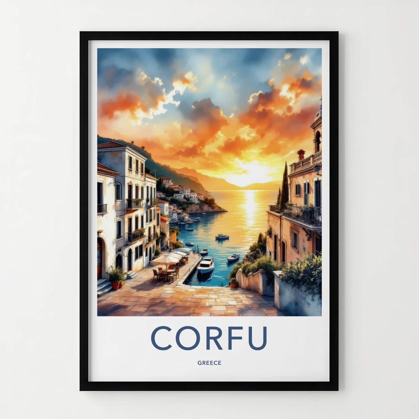 Corfu Poster - Greece Travel Art - Orange Sunset Harbor Home Decor