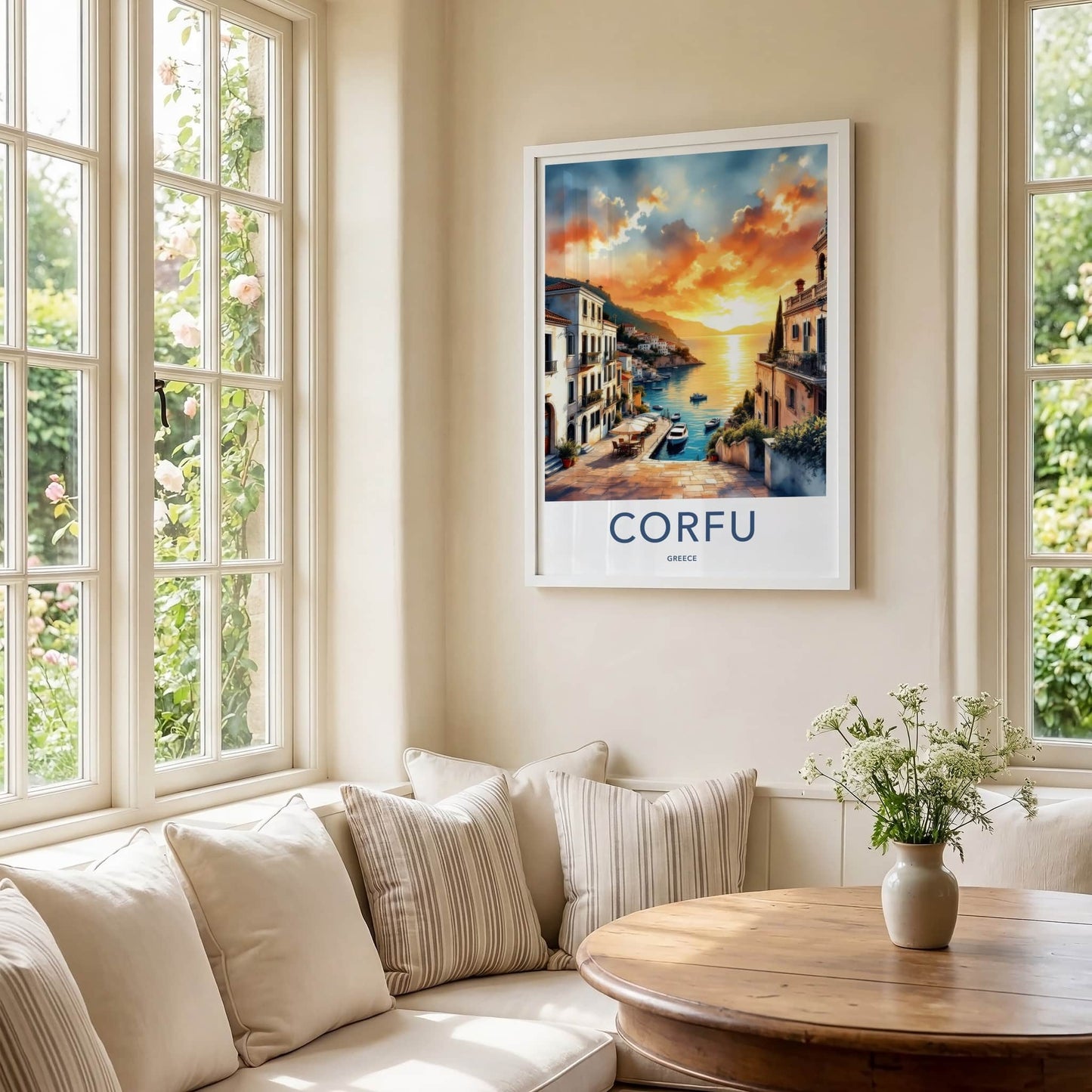 Corfu Poster - Greece Travel Art - Orange Sunset Harbor Home Decor