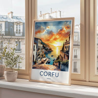 Corfu Poster - Greece Travel Art - Orange Sunset Harbor Home Decor