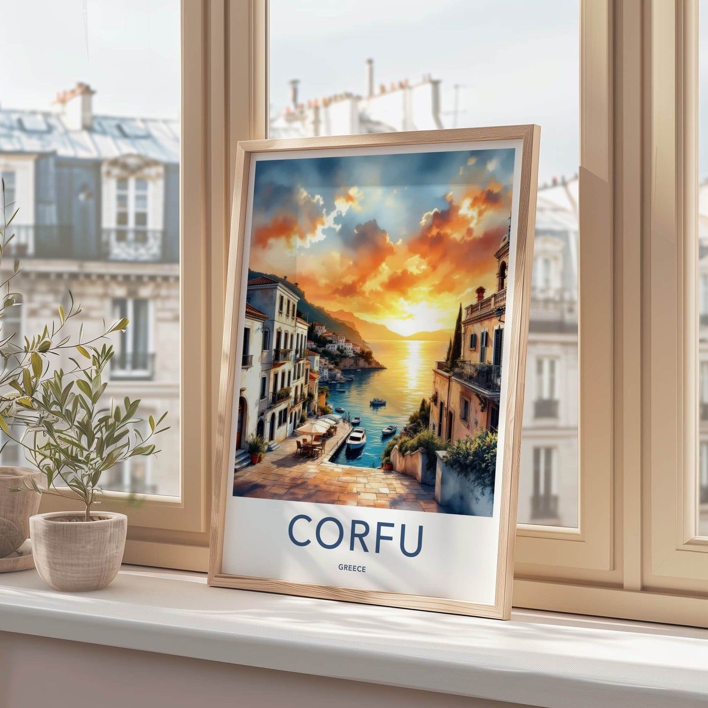 Corfu Poster - Greece Travel Art - Orange Sunset Harbor Home Decor
