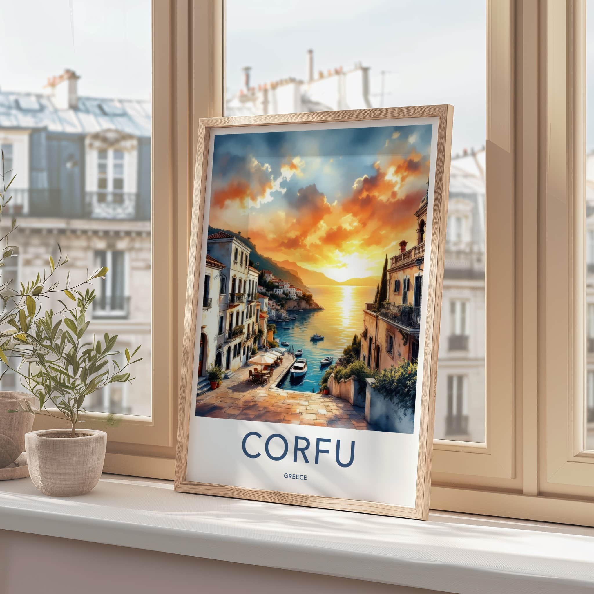 Corfu Poster - Greece Travel Art - Orange Sunset Harbor Home Decor