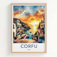 Corfu Poster - Greece Travel Art - Orange Sunset Harbor Home Decor
